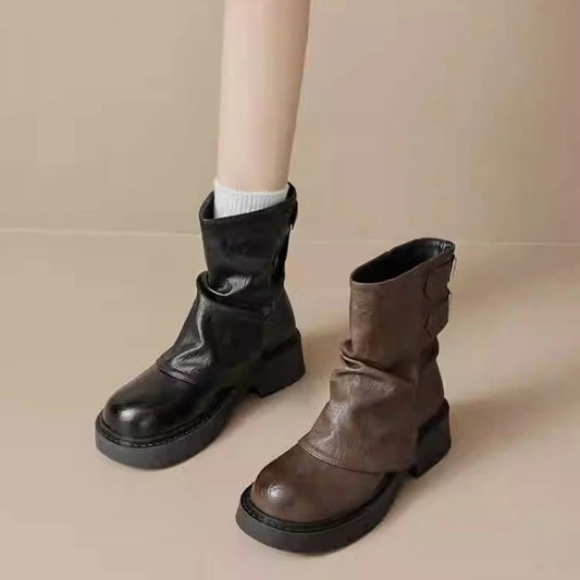 2025 New Women's Platform Ankle Boots - Buckle Detail Retro Chunky Heel Booties,Fall/Winter Fashion Low-Cut Boots