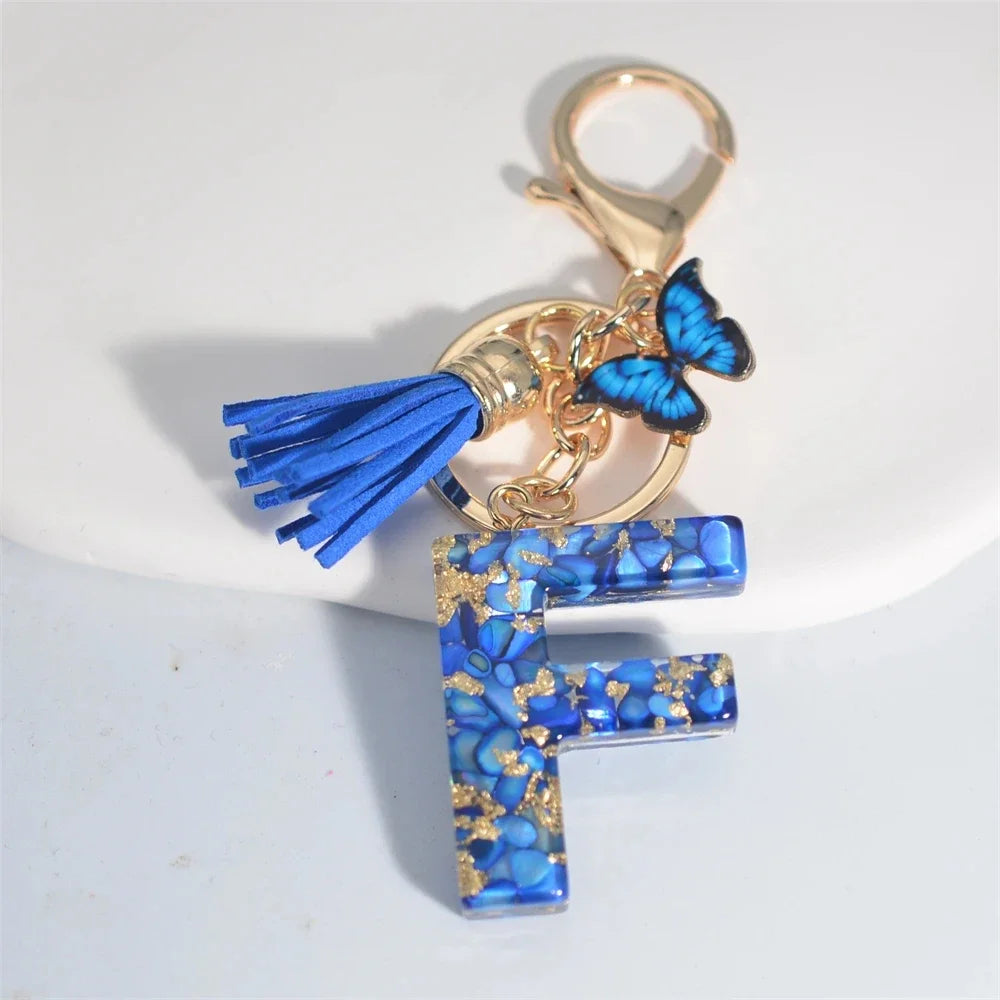 4. Fashion A–Z Letter Keychain with Blue Stone and Butterfly Tassel Pendant
