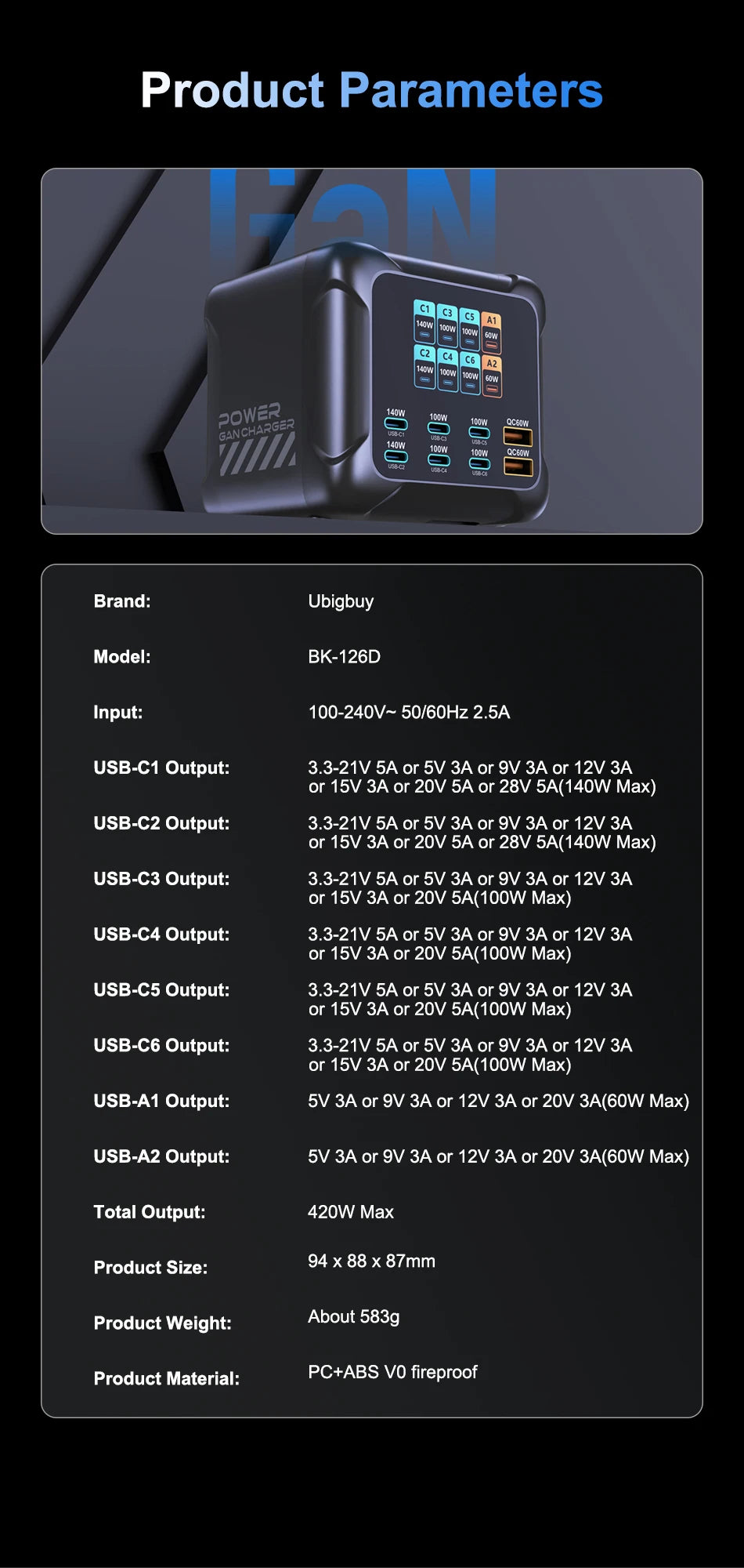 Ubigbuy 300W GaN Charger PPS PD 100W USB Type C 6-Port Digital Display Desktop Fast Charging Station for MacBook iPhone Samsung