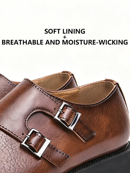Men's Leather Monk Strap Pointed Toe Oxford Shoes With Buckle