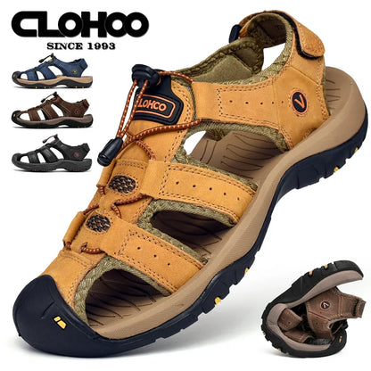 Men's Leather Sandals Handmade Thick Rubber Sole Breathable Slip On