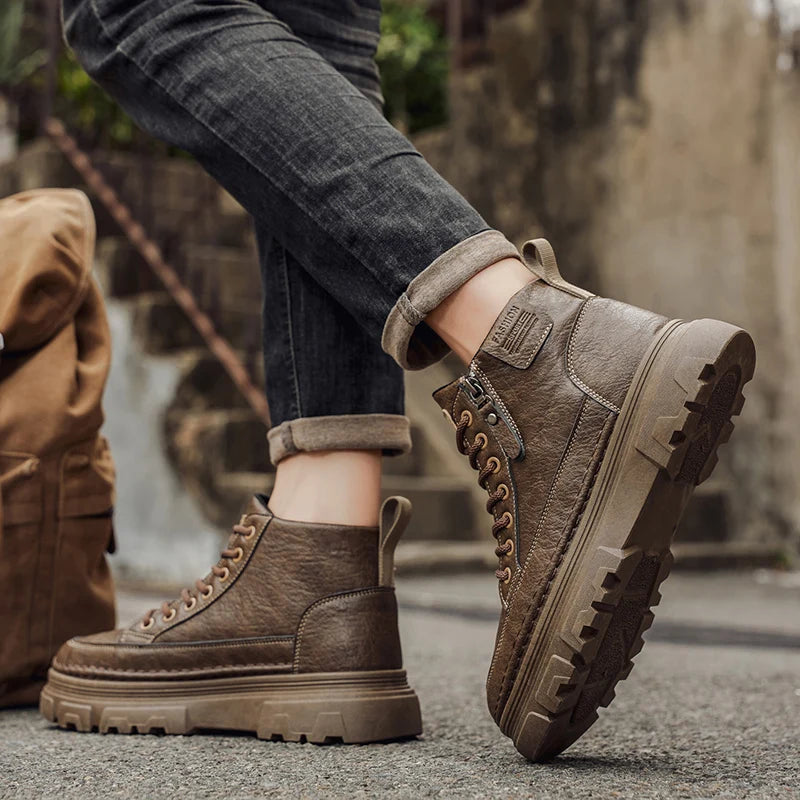 Men's Waterproof Leather Ankle Boots Mid Top Casual Outdoor Hiking