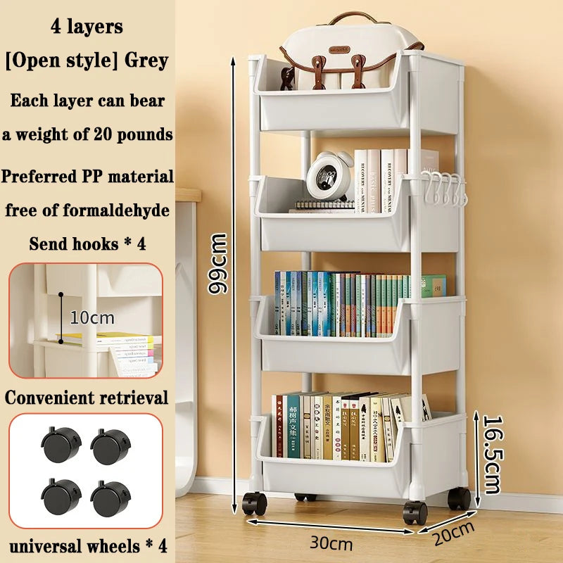 Bookshelf With Wheels Multi-Layer Movable Trolley Home Snack Organizer Shelf Kitchen Vegetable Basket Bedroom Mobile Cart Racks
