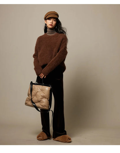 Alpaca Knit Pullover Sweater For Women, Loose Fit, Camel, Beige