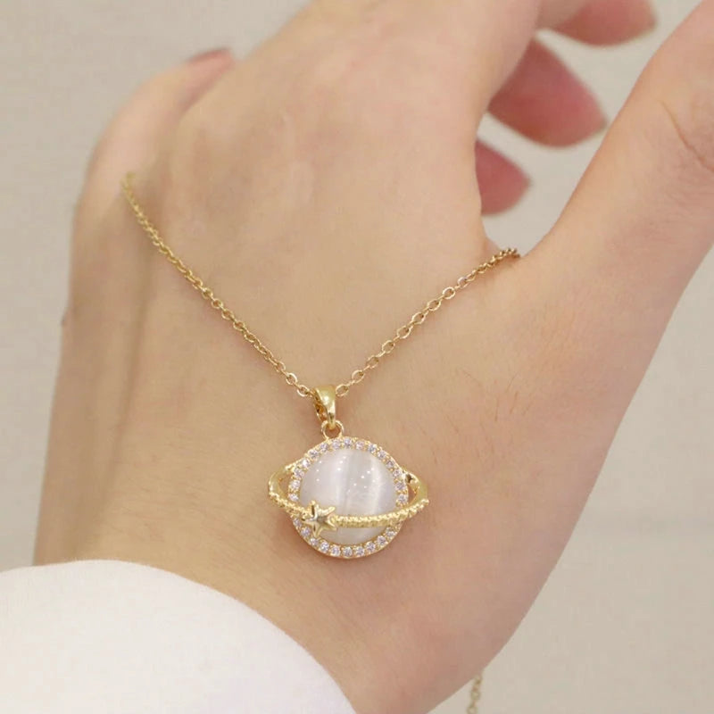 Fashion Pink Planet Heart Zircon Necklace Women Charm Aesthetic Clavicle Chain Necklace Valentines Day Gift Party Jewelry