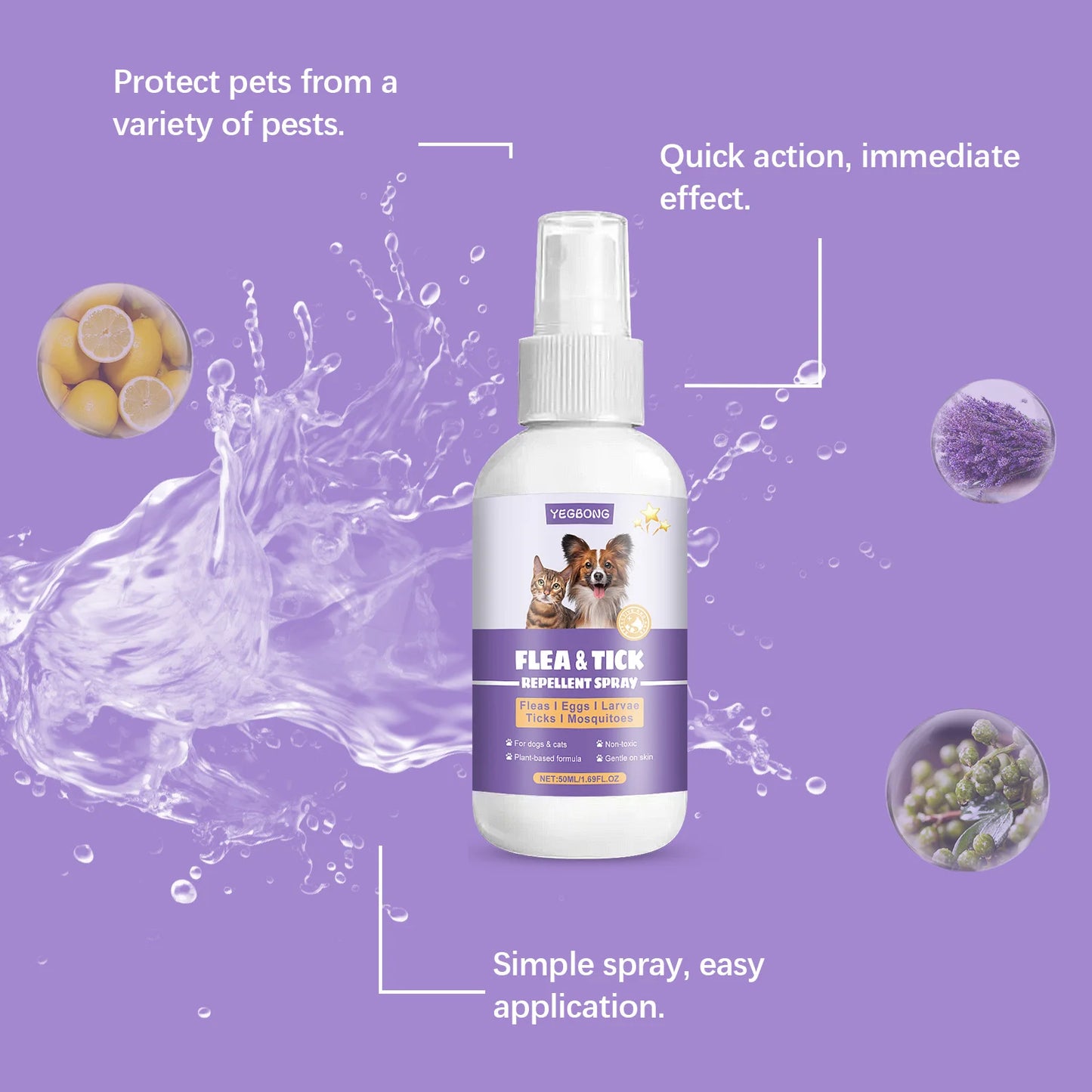 YEGBONG 50ml Flea Tick Prevention Spray for Dogs and Cats Fast Acting Waterproof Outdoor Protection with Natural Essential Oils
