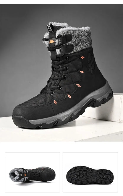 Men's Winter Snow Boots Leather Waterproof Mid-Calf Plush Lining Lace-Up