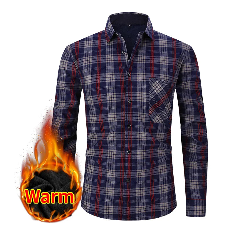 American size men's shirt long sleeve autumn winter warm plus fleece thickened plaid large size fashion free iron