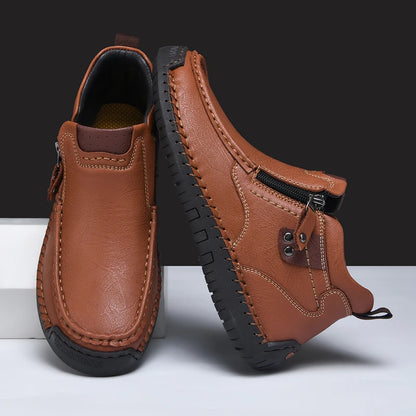 Leather Men Ankle Boots Slip On With Zipper Casual Breathable