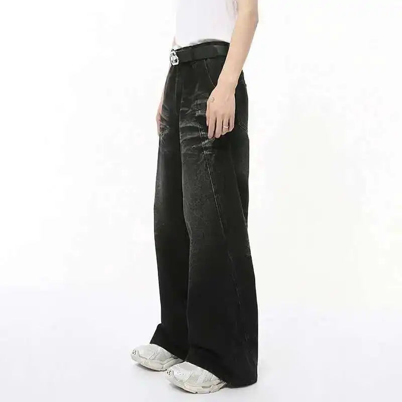 IEFB High Street Men's Jeans Casual Washed Whiskers Solid Color Loose Trendy Straight Wide Leg Male Denim Pants Autumn 9C7862