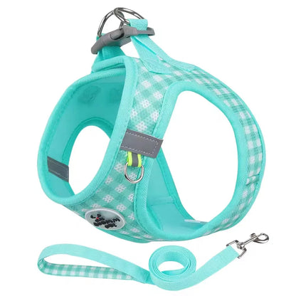 Checkered Pet Harness and Leash Set Breathable Nylon Reflective