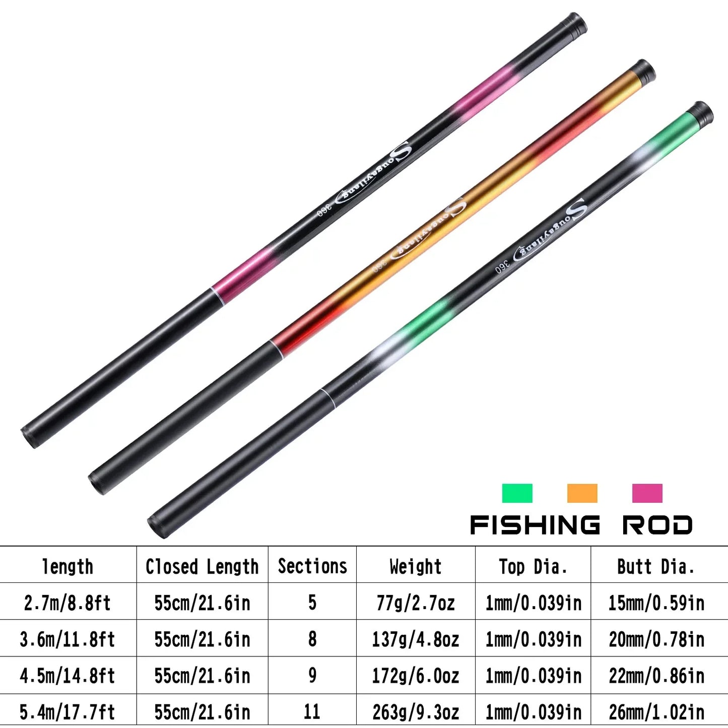 Sougayilang Carp Fishing Rod 2.7/3.6/4.5/5.4M Portable Ultra Light Telescopic Fishing Pole Max Drag 5Kg Fishing Tools