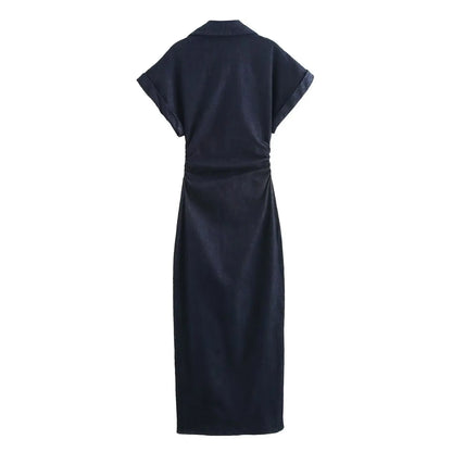 Denim Midi Dress For Women With Lapel And Side Zipper