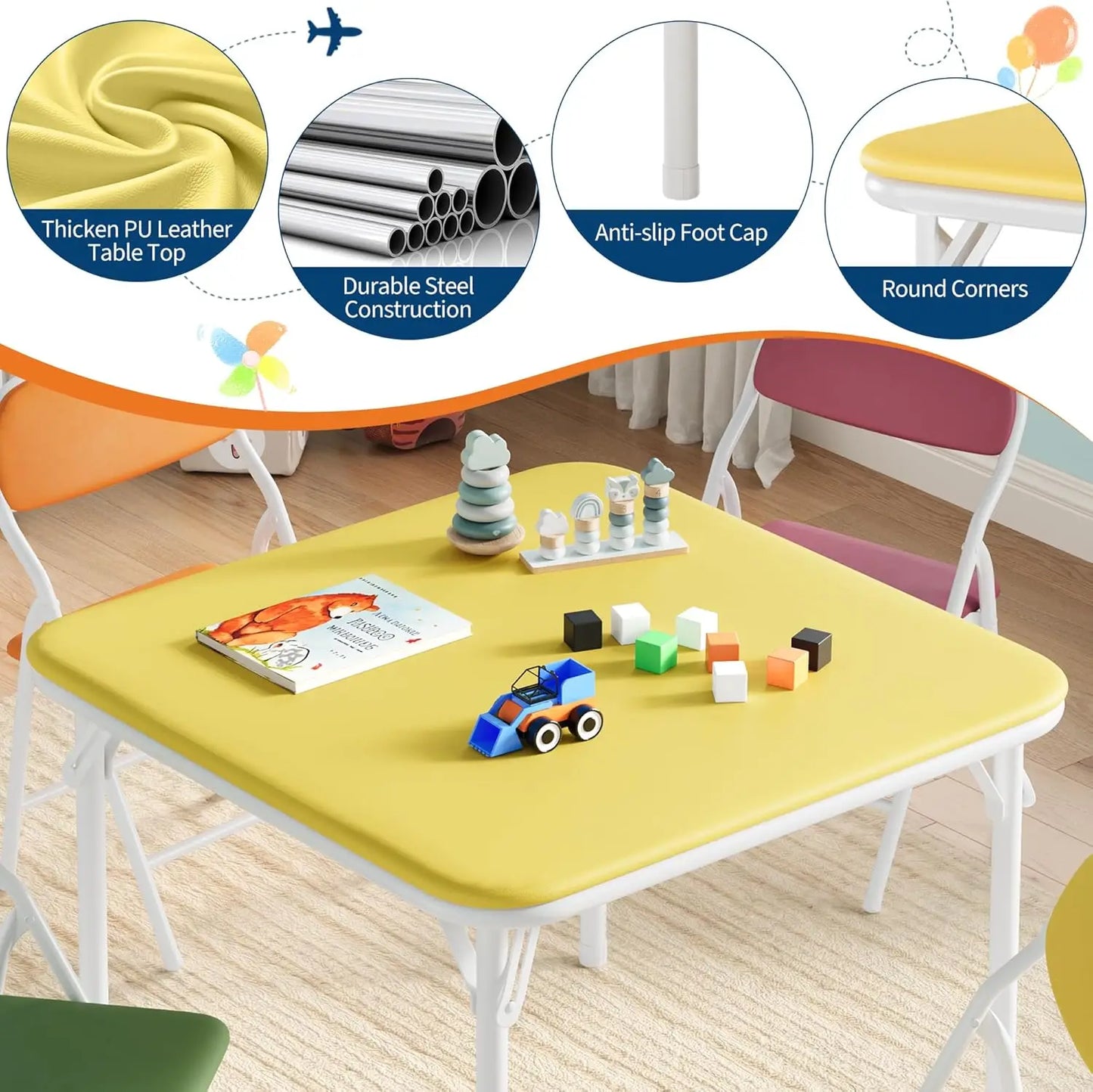 5-Piece Kids Folding Table and Chairs Set, Toddlers Children's Activity Table and Chairs Set for Dining Room, Daycare, Classroom