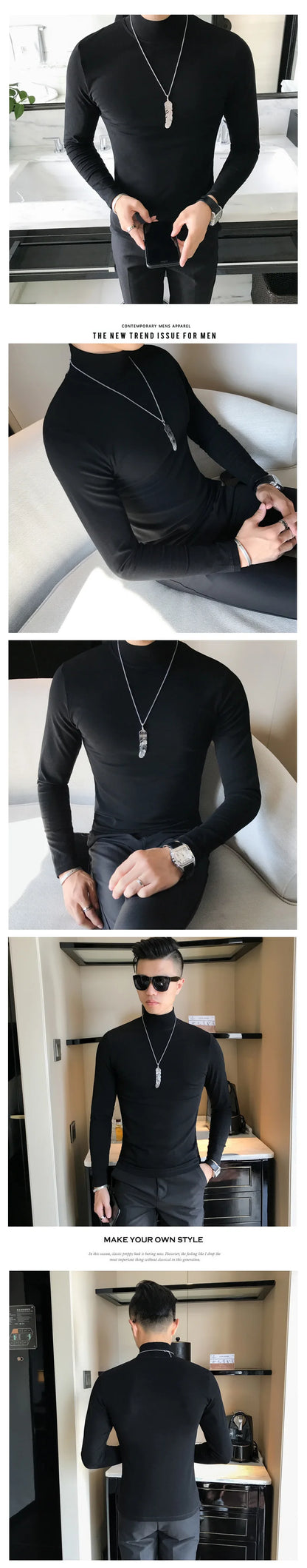Men's Turtleneck Long Sleeve Pullover, Slim Fit, Polyester Elastane
