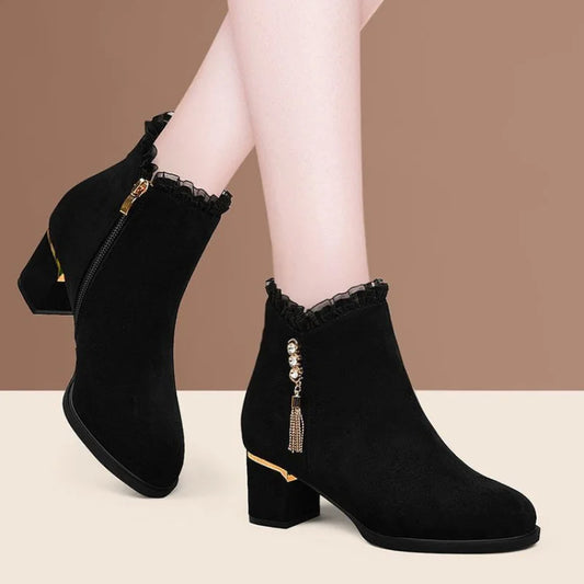 2025 New British Style Winter Boots Women - Round Toe Tassel Furry Lined Mid Heel Ankle Boots Diamond Decor Zip Side