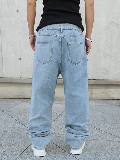 Men's Baggy Denim Jeans Loose Straight Wide Leg Trousers Solid Color