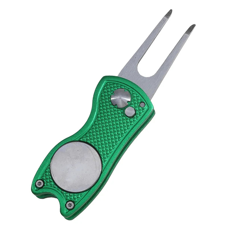 1PC Foldable Metal Golf Turf Repair Tool With Magnetic Ball Marker And Pop-Up Button For Golf Green Fork Golf Tool