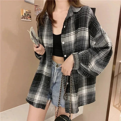 Women's Plaid Shirt Long Sleeve Autumn Loose Fit Single Breasted