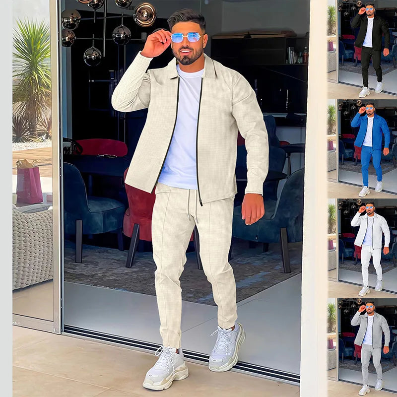 2024 men's new waffle long-sleeved lapel zipper cardigan casual sports suit