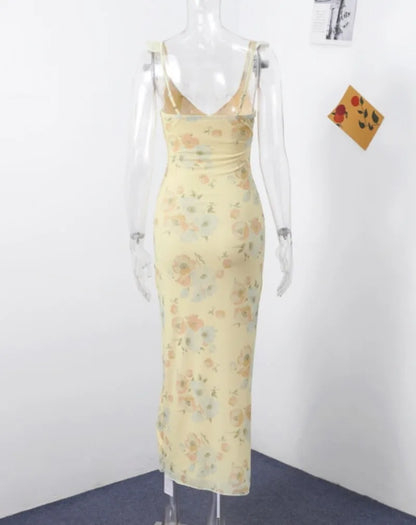 Women's Summer Flower Print Backless Sleeveless Dress Polyester