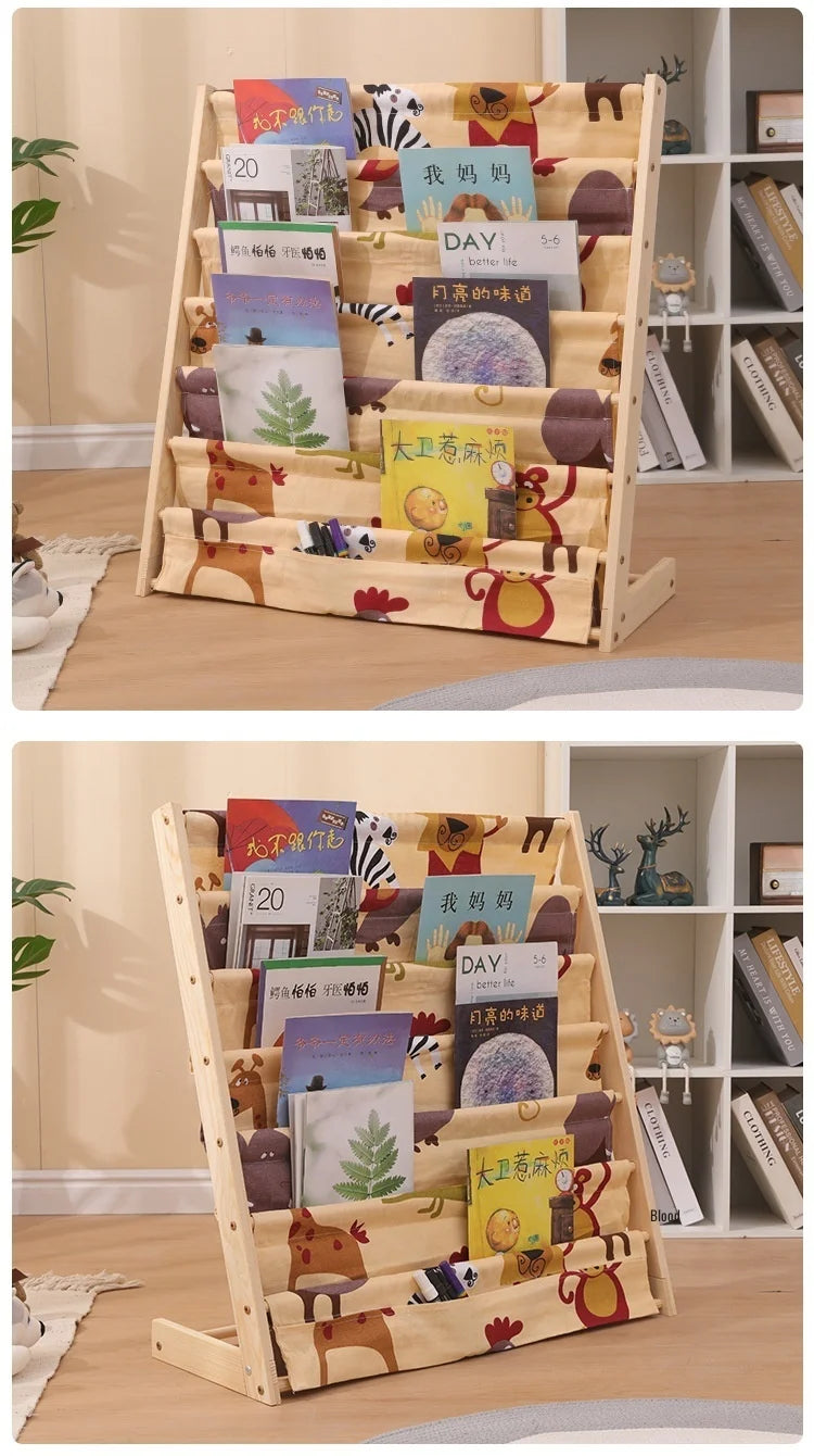 Wooden Movable Kids Bookshelf Multi-Layer Storage Bookcase Floor Standing Reading Shelf for Children's Books & Toys