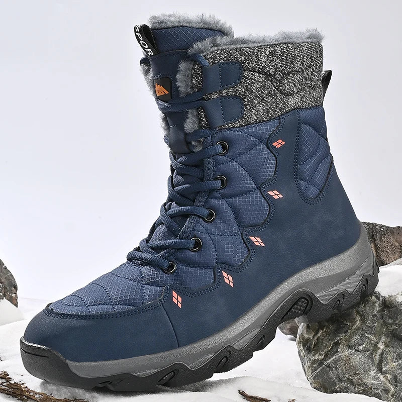 Men's Winter Snow Boots Leather Waterproof Mid-Calf Plush Lining Lace-Up