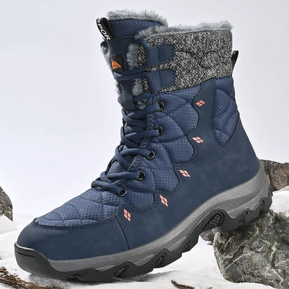 Men's Winter Snow Boots Leather Waterproof Mid-Calf Plush Lining Lace-Up