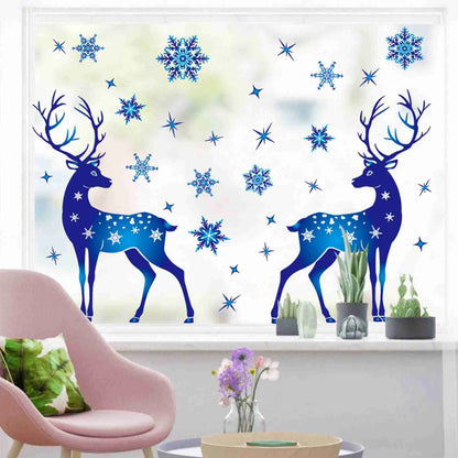 Holiday Window Clings – Blue Snowflake & Elk Christmas Static Stickers for Festive Wall & Glass Decor