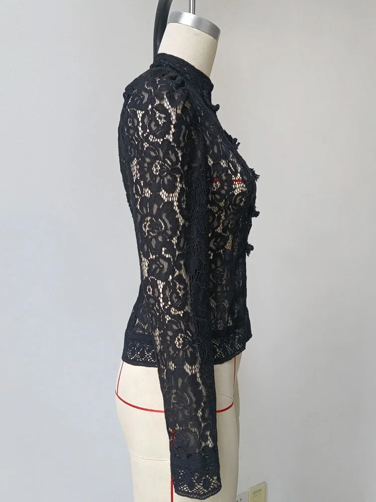 Tossy Summer Lace Printed Shirts Tops Female Hollow Out Fashion Commute Vintage See-Through Blouse Women's Lace Shrug Shirts New