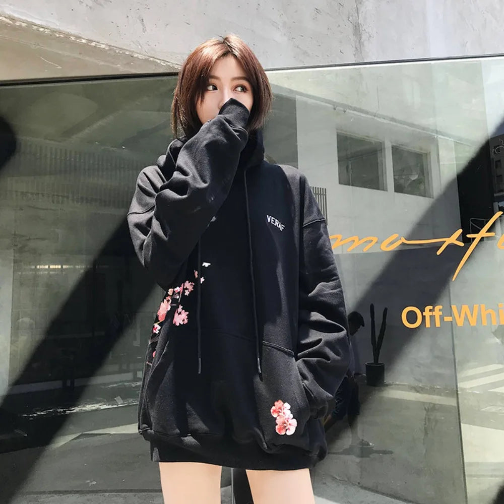 Streetwear Y2K Harajuku Cute Cherry Blossom Graphic Print Oversized Hoodie Gothic Casual Pullover Sweatshirt Men Women Clothing