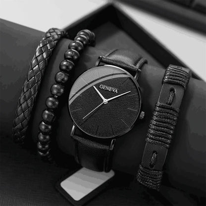 Men’s Stylish Leather Watch & Bracelet Set