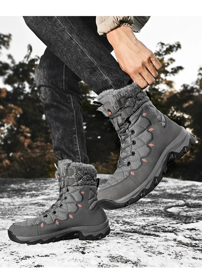 Men's Winter Snow Boots Leather Waterproof Mid-Calf Plush Lining Lace-Up
