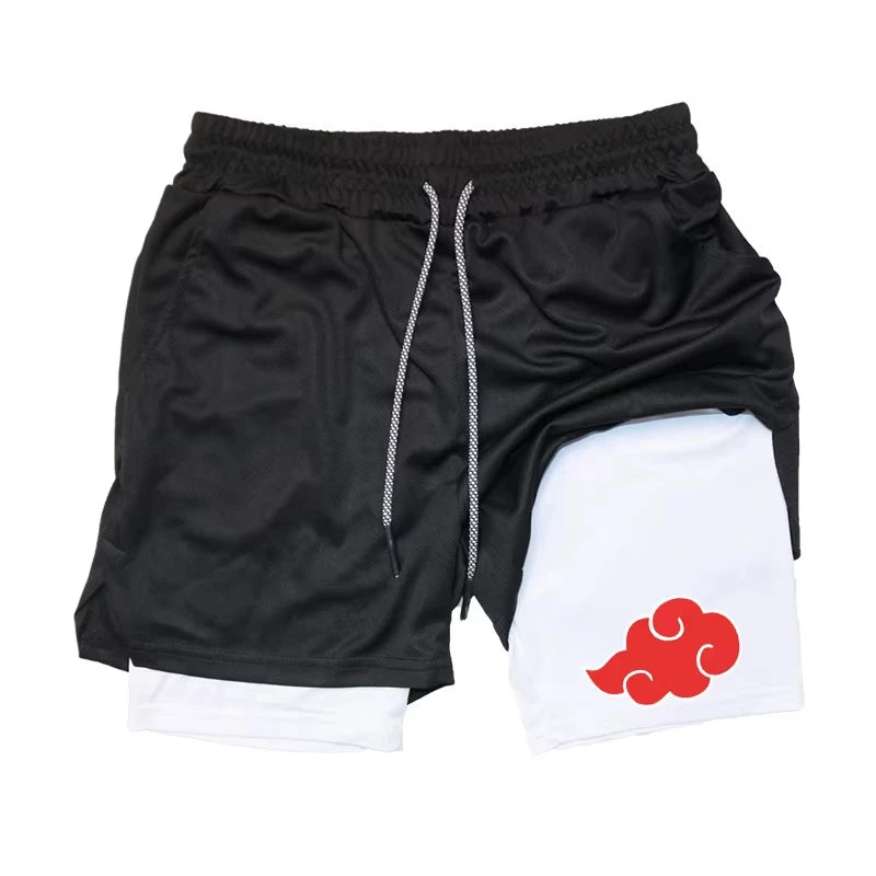 2 in 1 Performance Shorts Athletic Compression Shorts with Towel Loop Pockets Gym Workout Fitness Running Anime Print RL00107