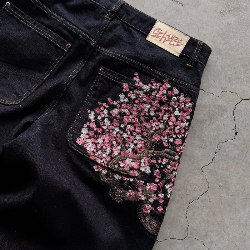 Unisex Denim Jeans With Plum Blossom Embroidery Wide Leg