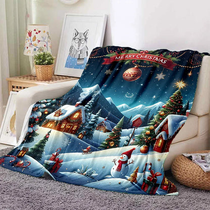 Cartoon Santa Snowman Throw Blanket Flannel Polyester Cotton