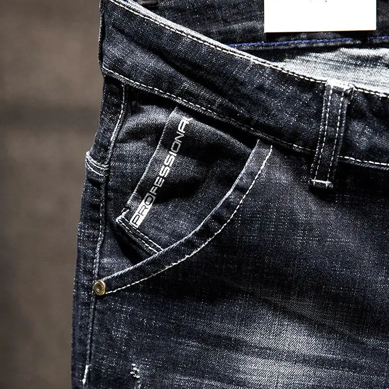 Men's Slim-Fit Elastic Jeans, Ripped Denim, Cotton, Blue Black