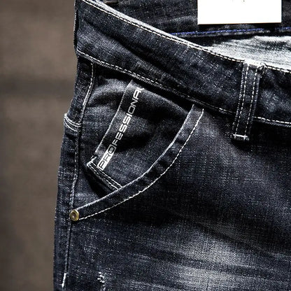 Men's Slim-Fit Elastic Jeans, Ripped Denim, Cotton, Blue Black