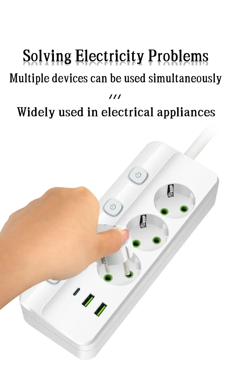 EU Plug Electrical Socket with 3/5 AC Outlets 2 USB Ports + 1 Type C 6/8-in-1 Plug Socket Adapter 2M Power Strip for Home Office