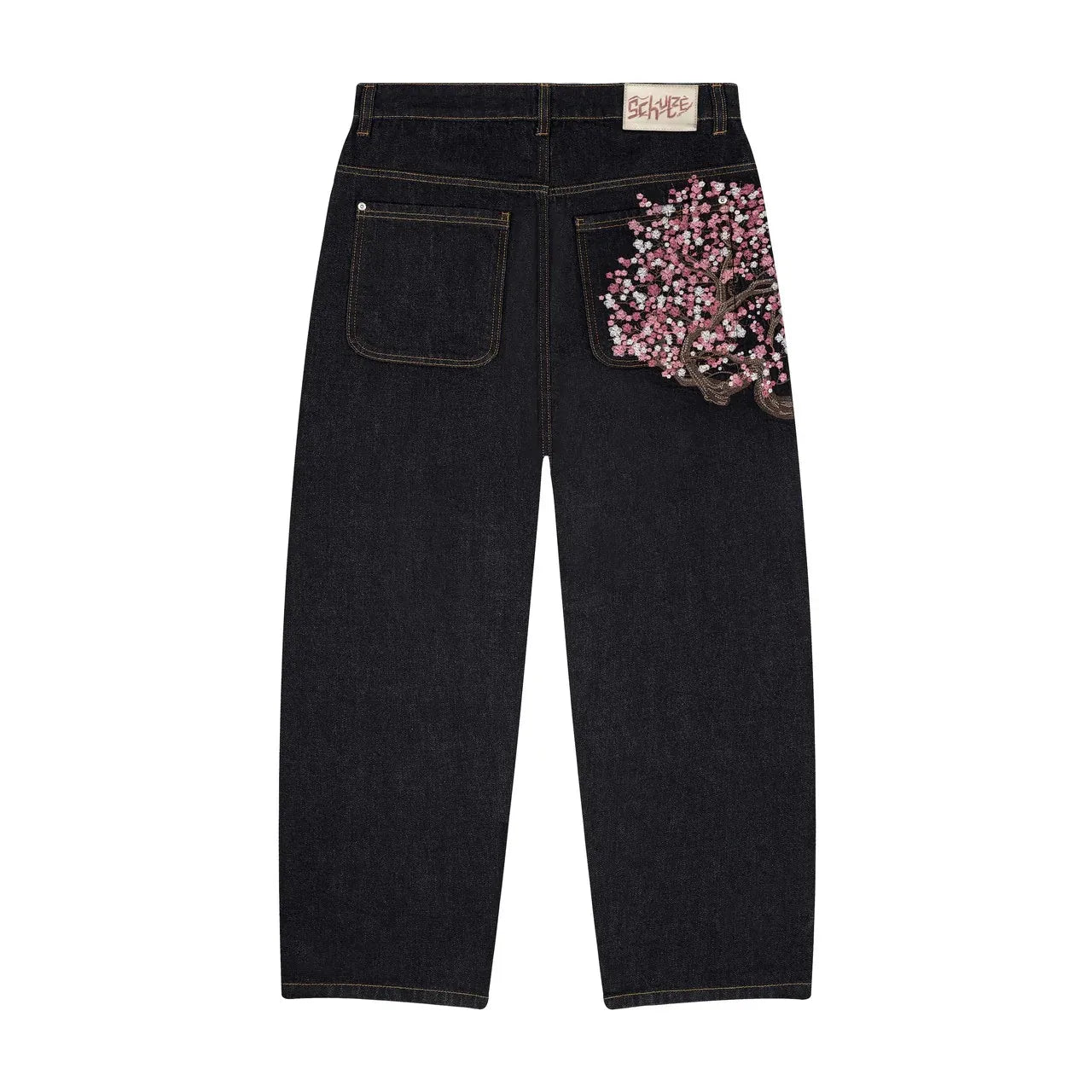 Men Women Cherry Blossom Knight All Embroidery Denim Pants Y2k Vintage Baggy Street Straight Jeans High Waisted Washed Blue Jean