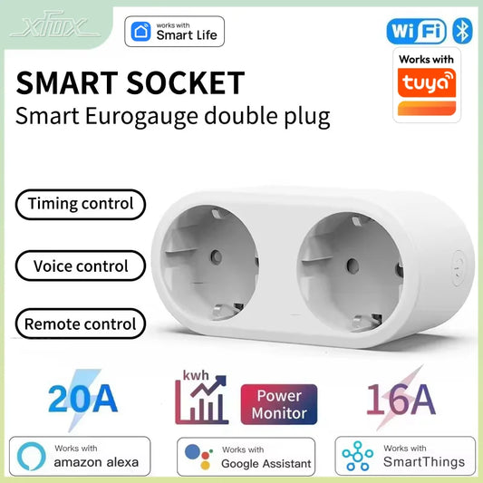 Tuya Wifi Smart Dual Plug Socket Eu 16A 20A 2 in 1 Function with Power Monitor Voice Control Smart Life Works with Alexa Google