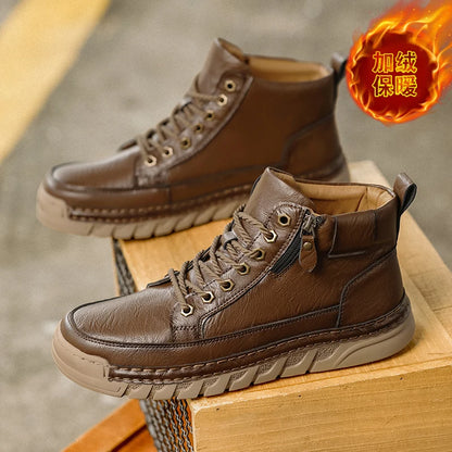 Men Leather Boots Mid Calf Lace Up Anti Slip Rubber Outsole