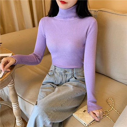 Women's Foldover Turtleneck Ribbed Knit Sweater Long Sleeve