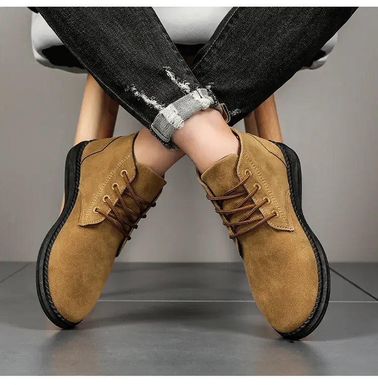 High Top Casual Board Shoes Men's Lace Up Suede Black Flat Bottom Short Boots Men's Chelsea Boots High-quality Brand Denim Boots