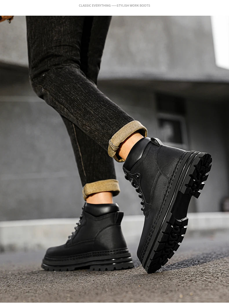 Men's Winter Snow Boots Leather Plush Lining Ankle High Lace Up