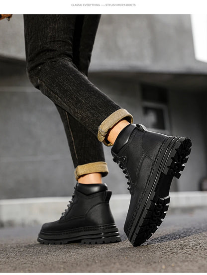 Men's Winter Snow Boots Leather Plush Lining Ankle High Lace Up