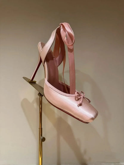 Women's Square-Toed Satin High Heel Sandals With Ankle Straps