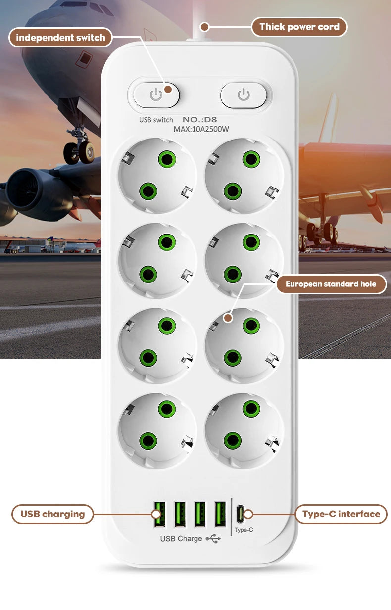 EU Plug Power Strip 6 AC Outlet Multitap Extension With 5 USB Ports 3m Cord Electrical Socket 2500W Fast Charge Surge Protector