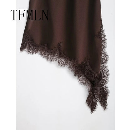 Women Backless Lace Splicing Mini Dress Sleeveless Solid Asymmetrical Polyester