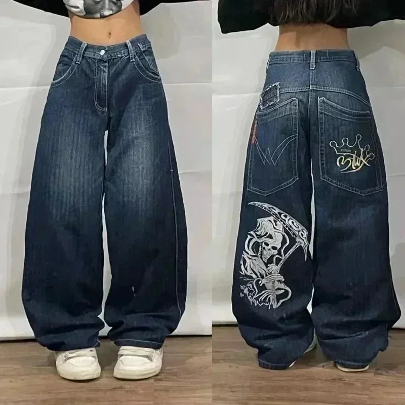 American Fashion Trend Joker Pattern Embroidered Loose Jeans Women Street Y2K New Hip Hop Oversized Wide-leg Pants Unisex Jeans